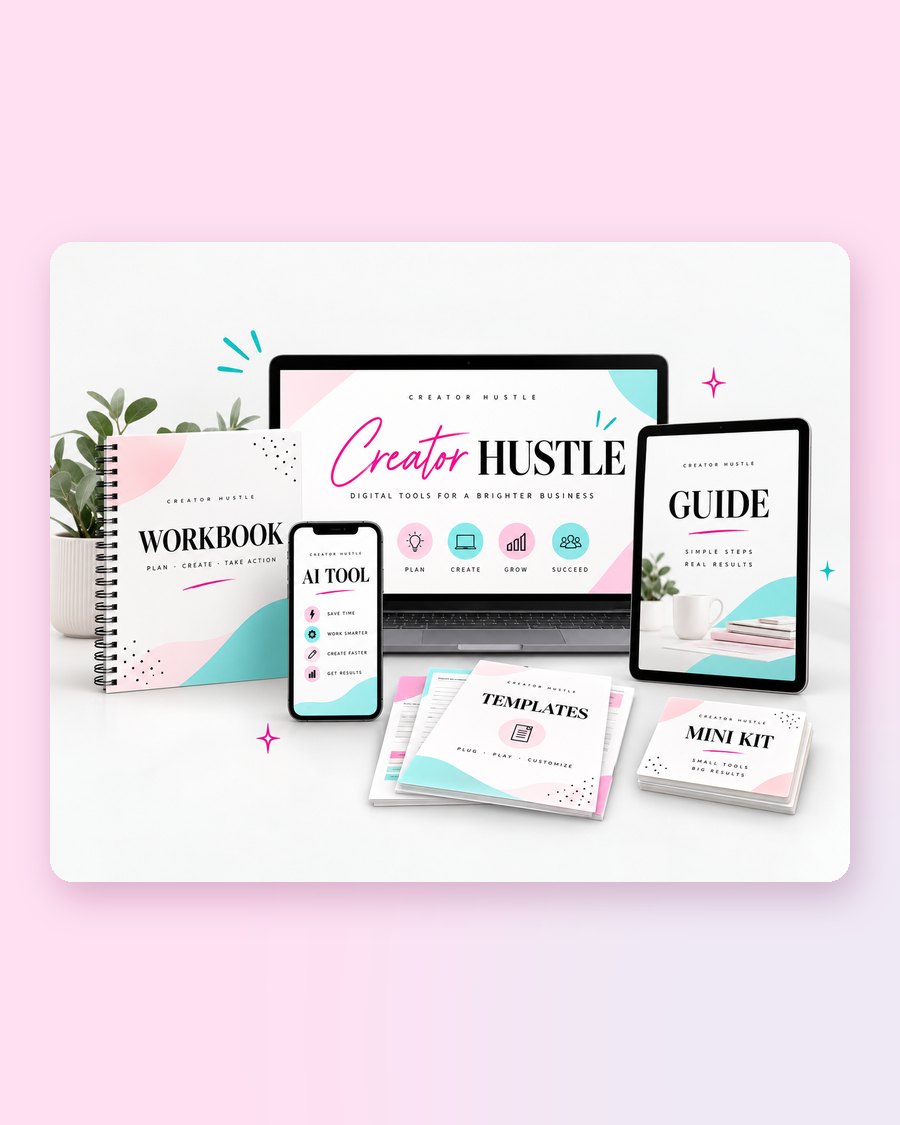 Creator Hustle shop products: workbook, AI tool, guide, templates and mini kit on laptop, phone and tablet